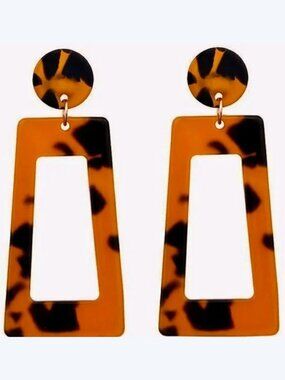 Earrings Faux Tortoise Shell Drop Animal Print Pierced 2.5" Geometric NWT M362